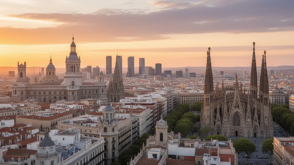 Vista panorámica del horizonte de Madrid y Barcelona mostrando sus diferencias arquitectónicas