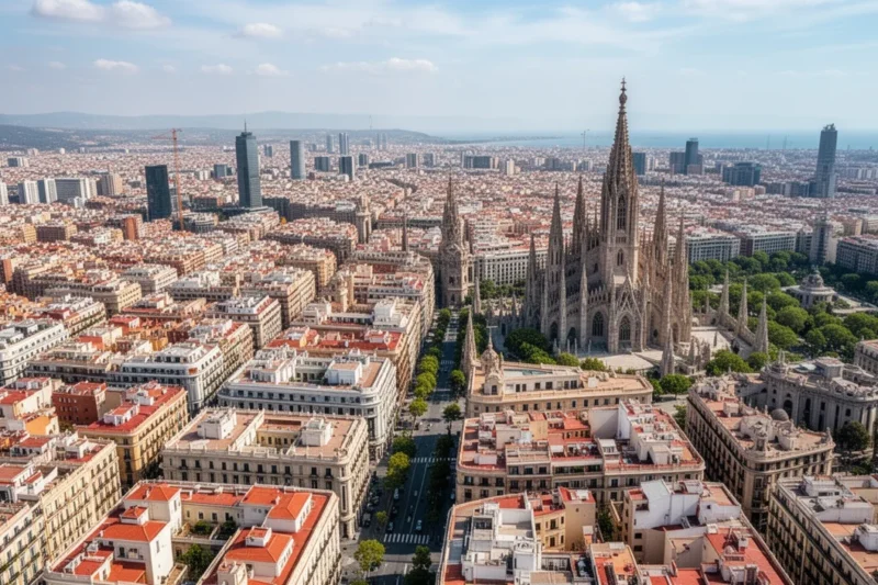 A split image featuring famous landmarks from both Madrid and Barcelona