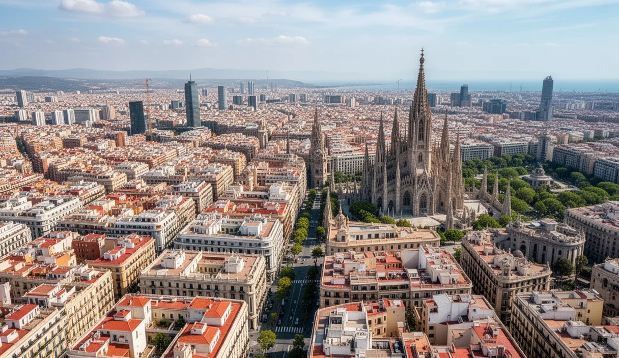 Vista aérea comparativa entre los paisajes urbanos de Madrid y Barcelona