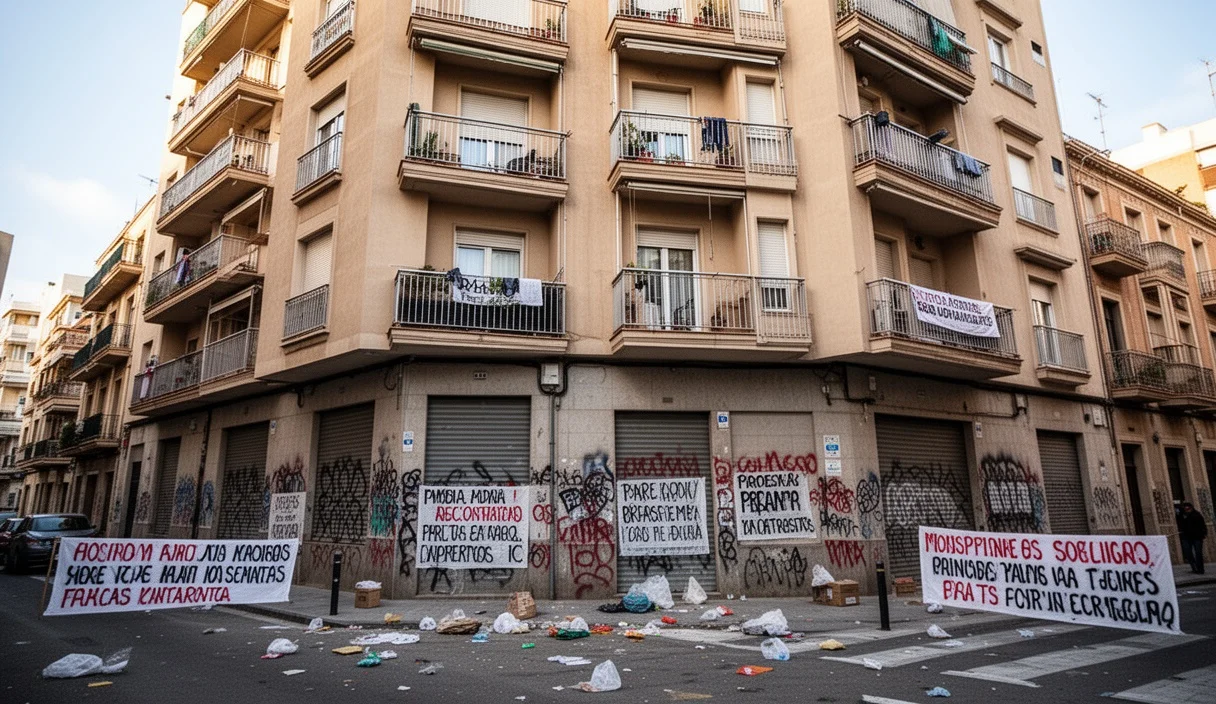 Edificio residencial en Rambla de Sant Adrià con señales visibles de protestas recientes