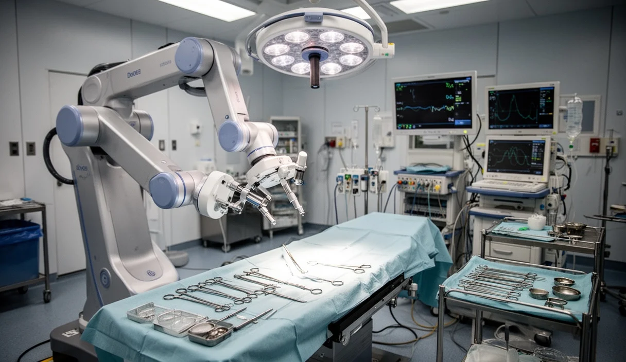 Advanced robotic surgical equipment in an operating room designed for pediatric procedures