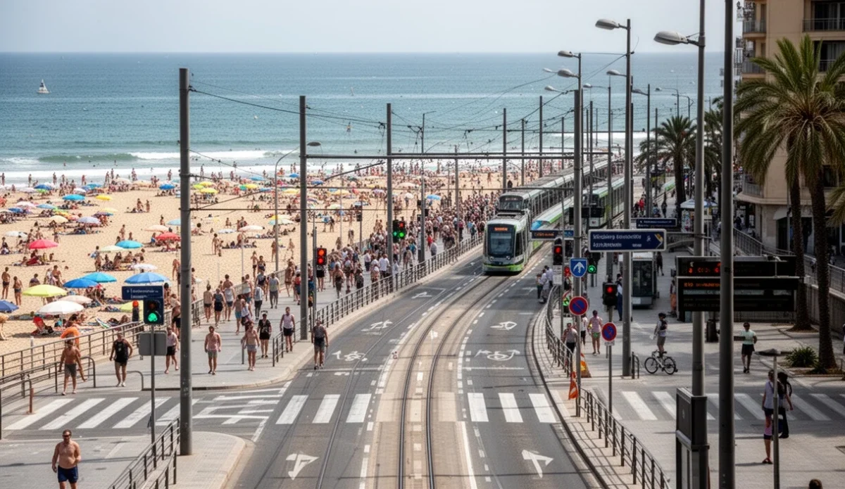Overcrowded beach area illustrating tourist congestion challenges in Barcelona