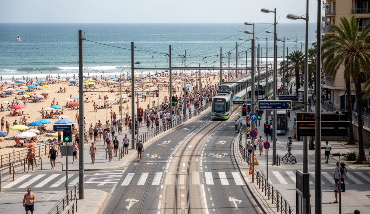 Overcrowded beach area illustrating tourist congestion challenges in Barcelona