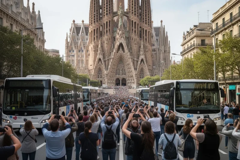 Vista congestionada cerca de la Sagrada Familia con turistas y autobuses