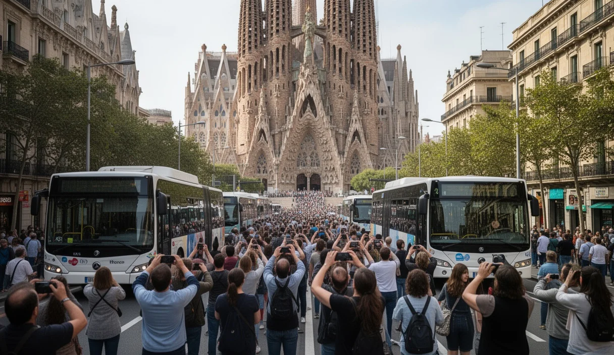 Crowded streets around Sagrada Família illustrating heavy tourist traffic