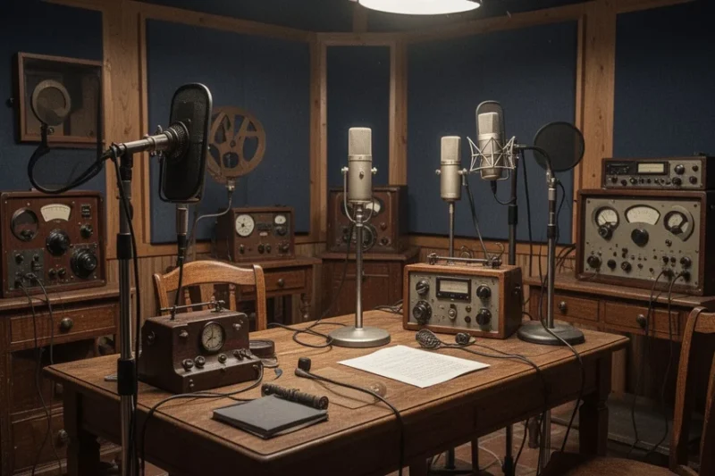 Estudio antiguo de radio con equipos vintage representando la historia radial