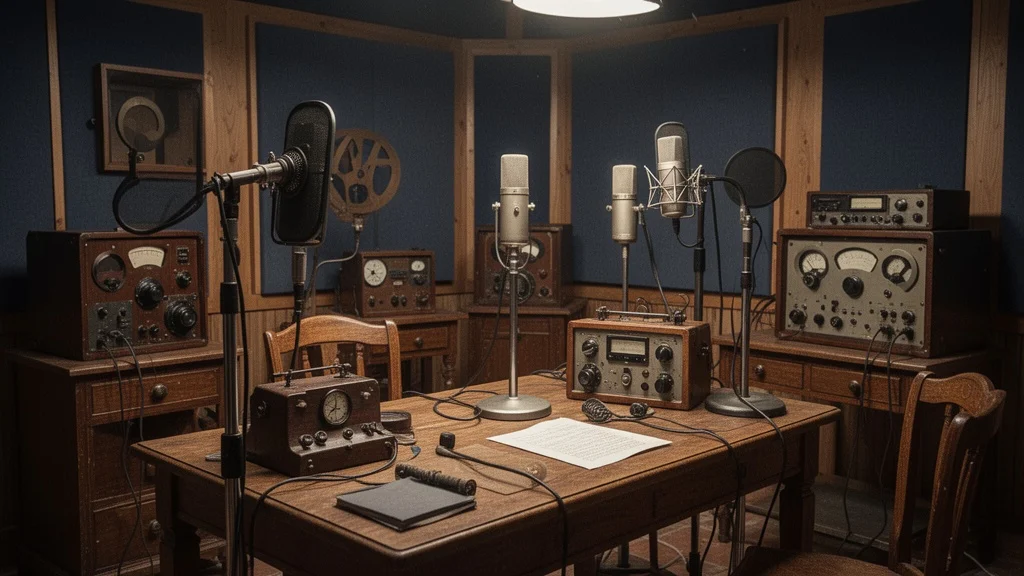 Estudio antiguo de radio con equipos vintage representando la historia radial