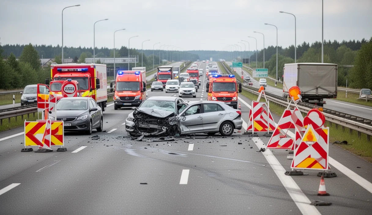 Escena del accidente con vehículos policiales y señales de cierre vial