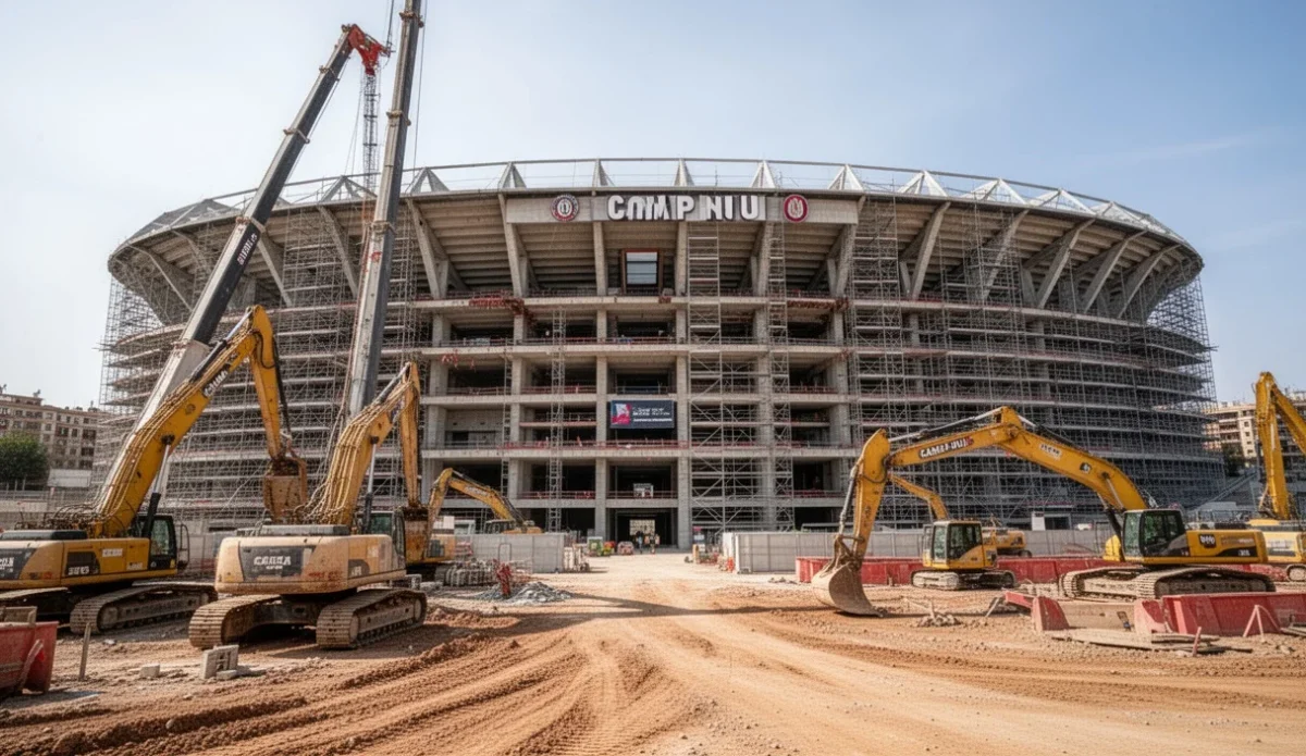 Obras del nuevo Camp Nou con maquinaria pesada y andamios