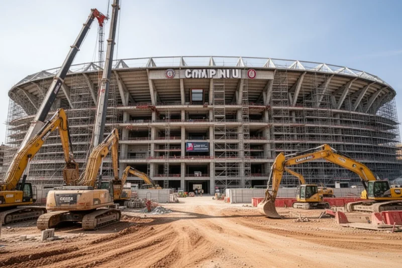View of Camp Nou renovation site showing scaffolding and machinery