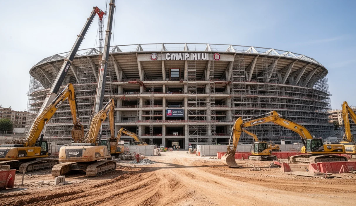 Obras del nuevo Camp Nou con maquinaria pesada y andamios