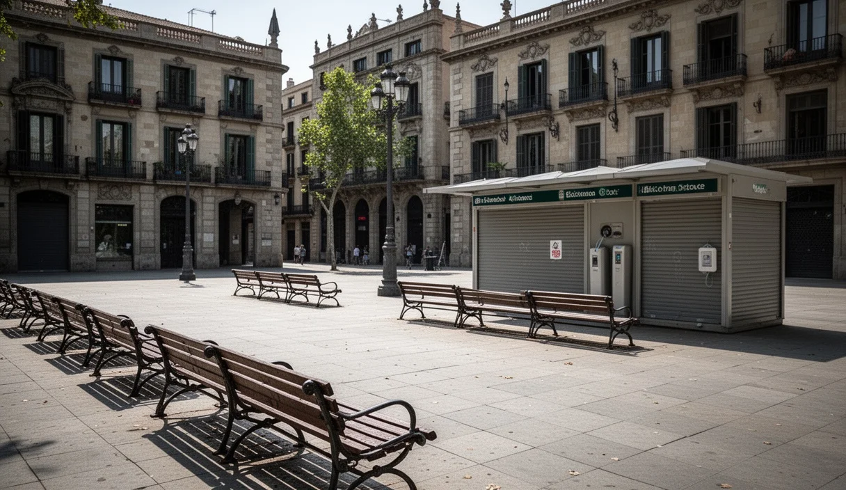 Urban plaza under intense sunlight showing lack of shade during summer