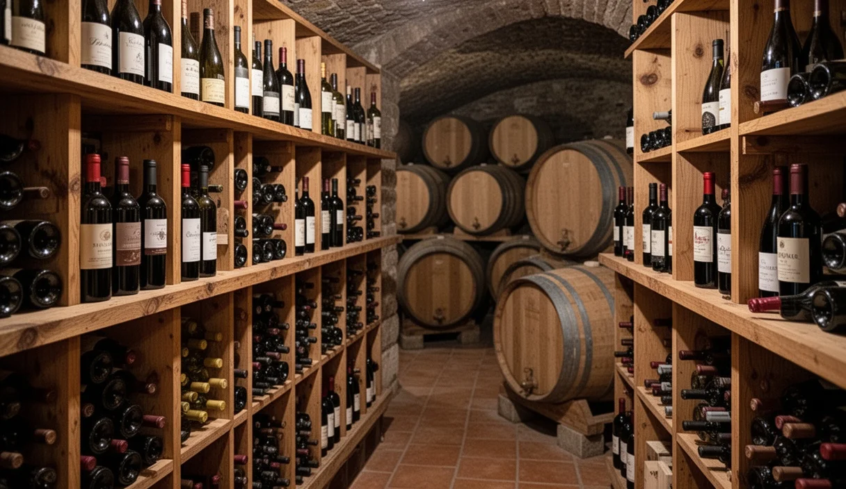 Interior view of a traditional bodega filled with wine barrels