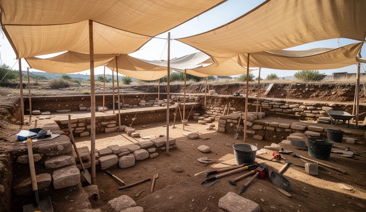 An archaeological site with tents set up for shade during early morning excavations