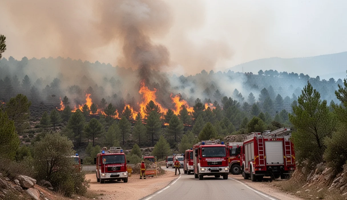 Smoke from a wildfire billowing over trees with emergency response vehicles present