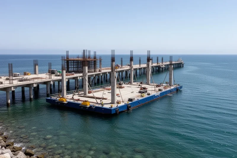 Instalación de una pontona en el Pont del Petroli durante su reconstrucción