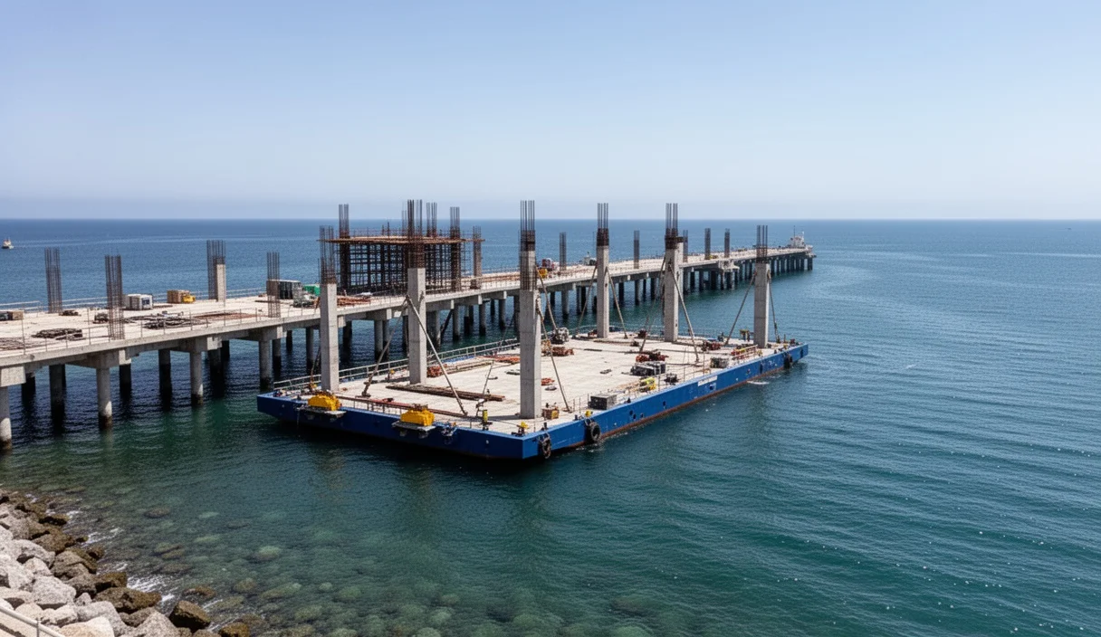 Floating construction platform being used for renovations at Pont del Petroli