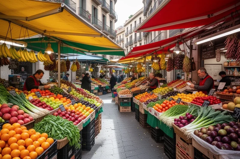 Vista colorida del mercado municipal con productos frescos expuestos