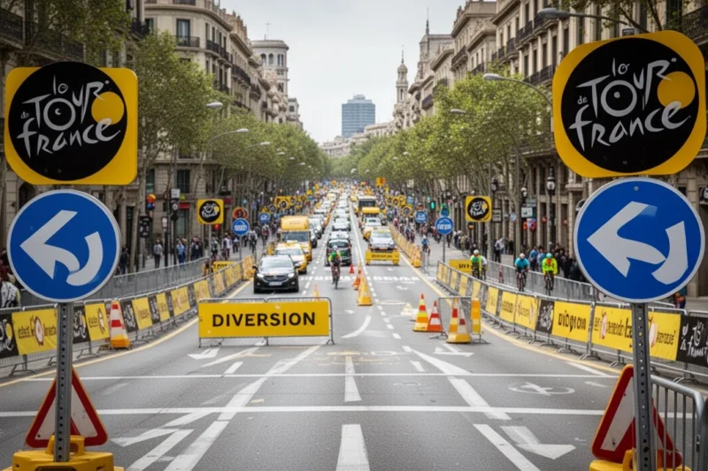 Calle cerrada en Barcelona durante el Tour de Francia con señales viales visibles