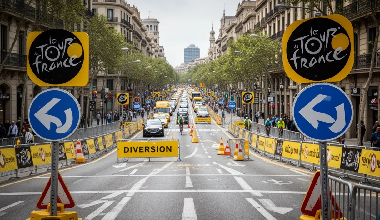 Calle cerrada en Barcelona durante el Tour de Francia con señales viales visibles