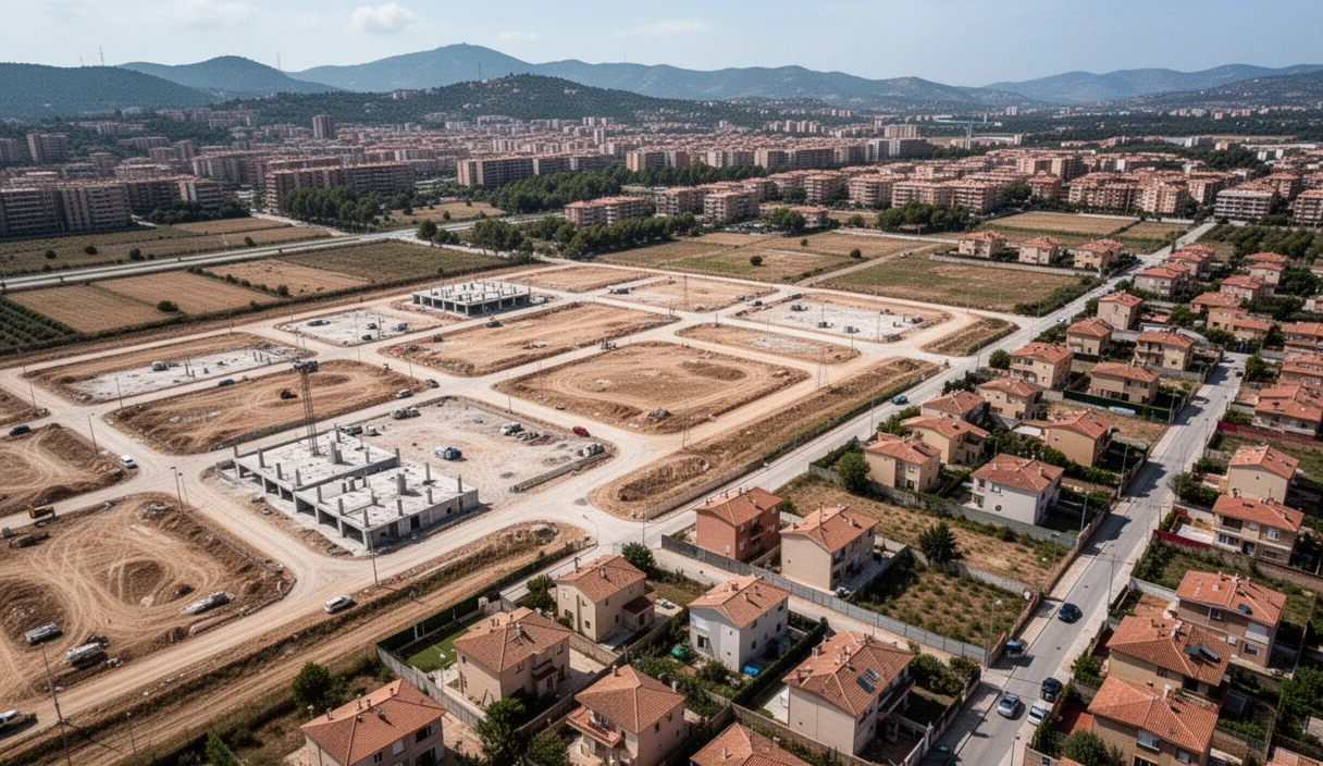 Aerial view showing suburban developments near Barcelona with empty plots