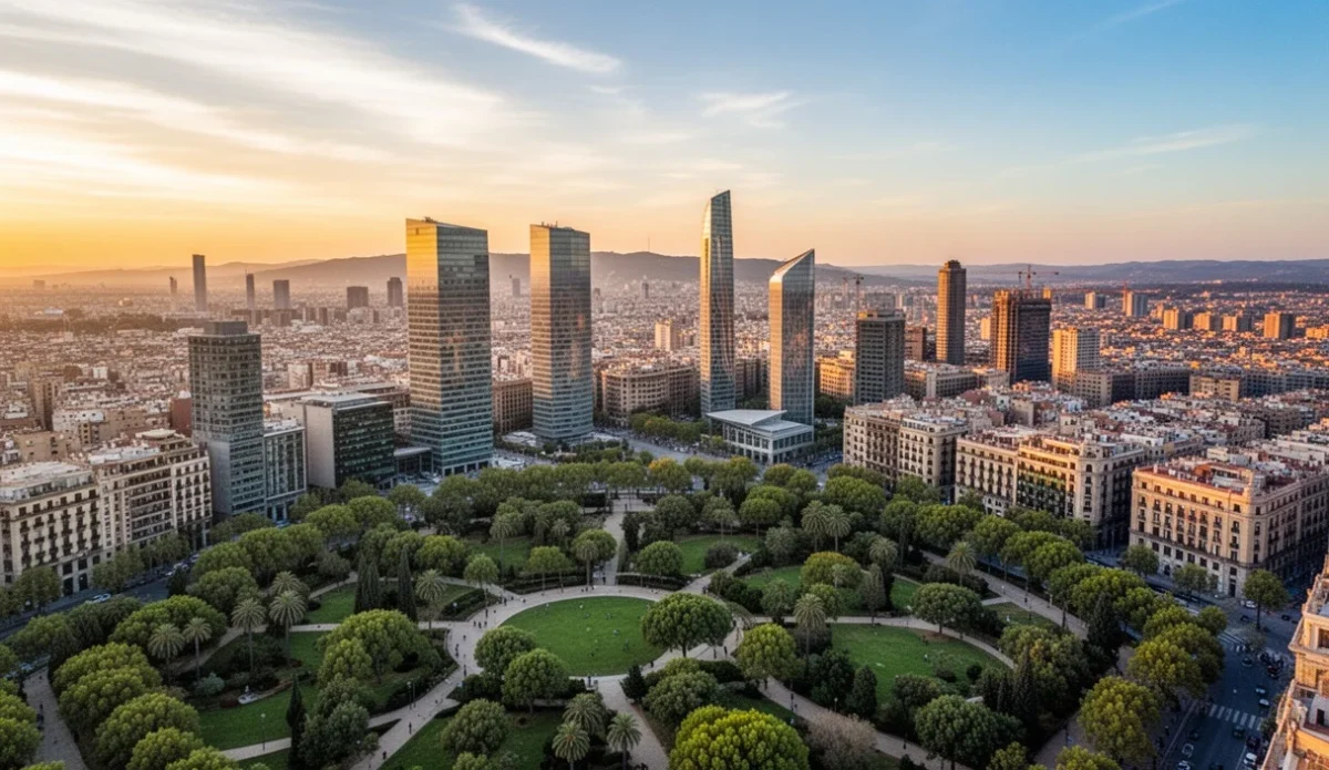 Vista aérea de Barcelona mostrando edificios modernos y espacios verdes al atardecer