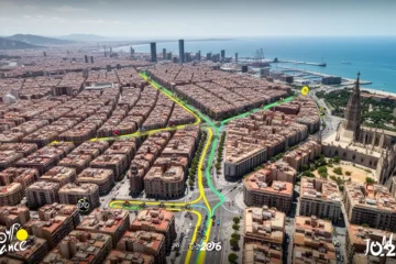 Aerial view showing preparations for an event in Barcelona with marked pedestrian paths