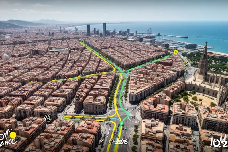 Vista aérea marcada con ruta ciclística por Barcelona para el Tour