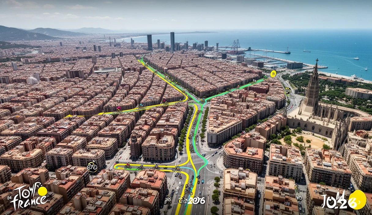 Aerial view showing preparations for an event in Barcelona with marked pedestrian paths