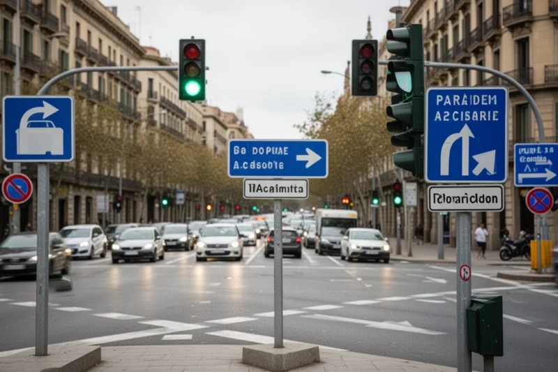 Traffic lights and road signs at a busy urban intersection in Barcelona