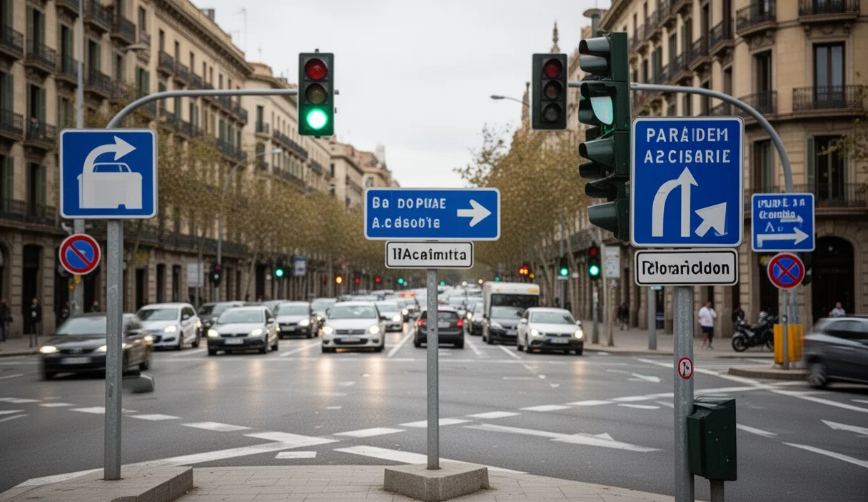 Traffic lights and road signs at a busy urban intersection in Barcelona