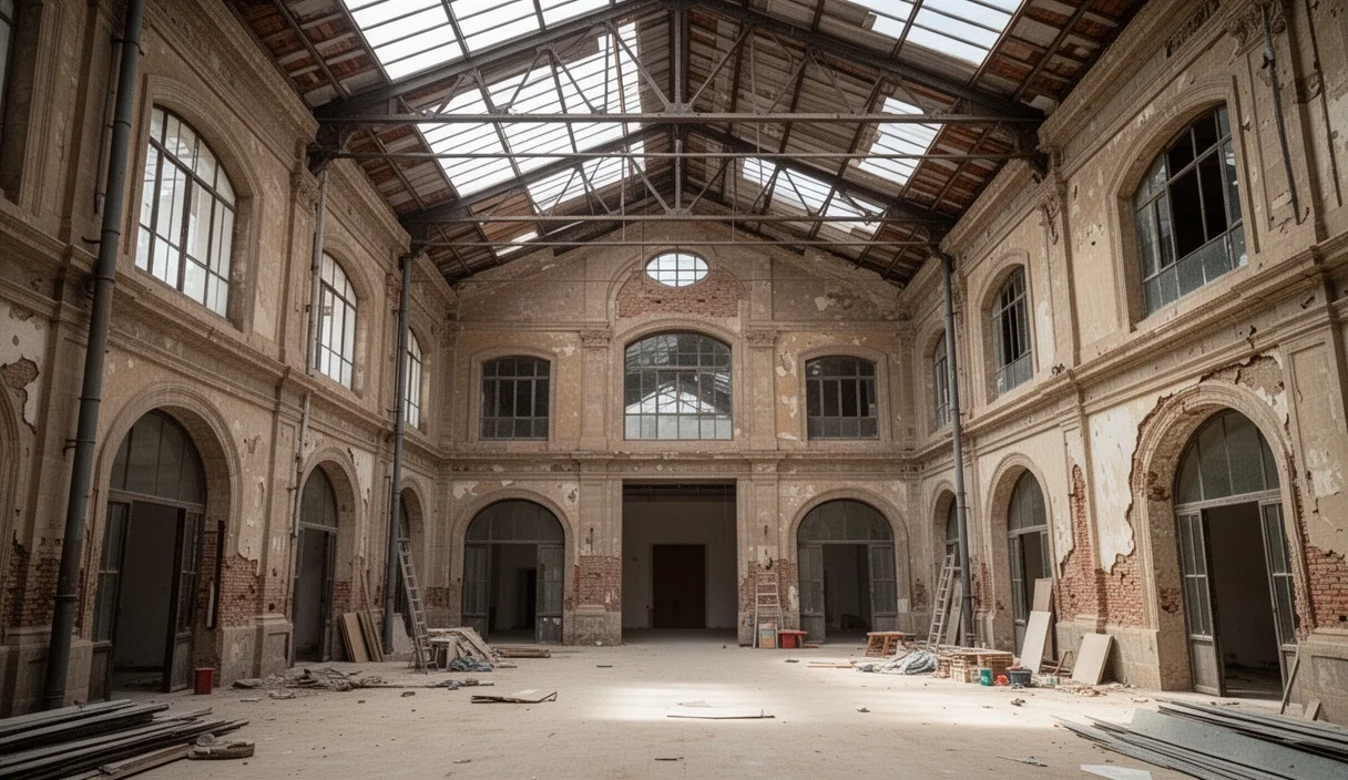 Edificio histórico industrial en Barcelona siendo renovado para convertirse en archivo cultural