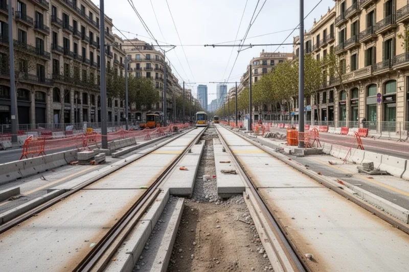 Construction site showing new tram tracks being installed in Barcelona
