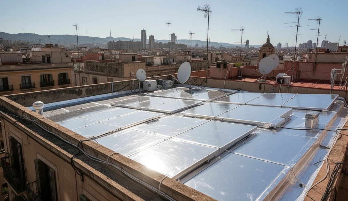 Rooftop view displaying different roofing materials tested for their reflectivity against sunlight
