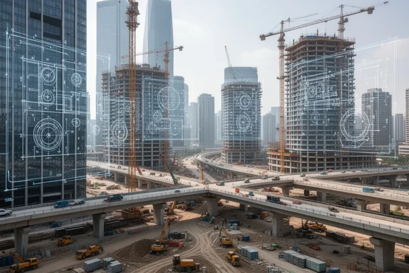 Vista moderna de Barcelona con planos digitales superpuestos sobre edificios en construcción.