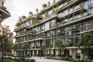 Modern office building symbolizing urban governance with green design elements