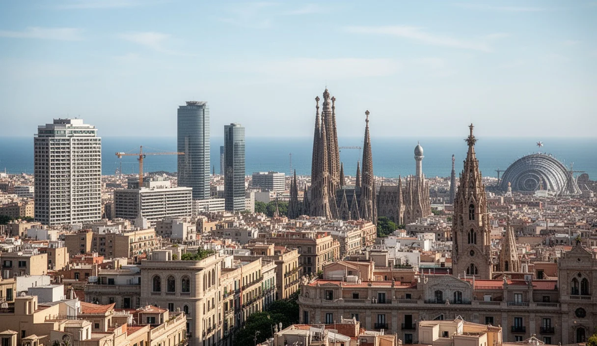 Vibrant street scene depicting Barcelona's architecture and outdoor cafes