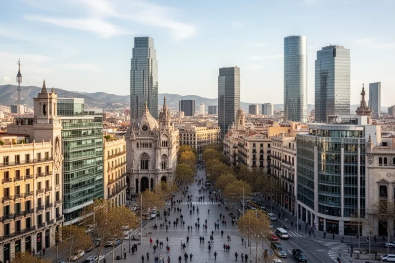Vista moderna de Barcelona reflejando su diversidad arquitectónica