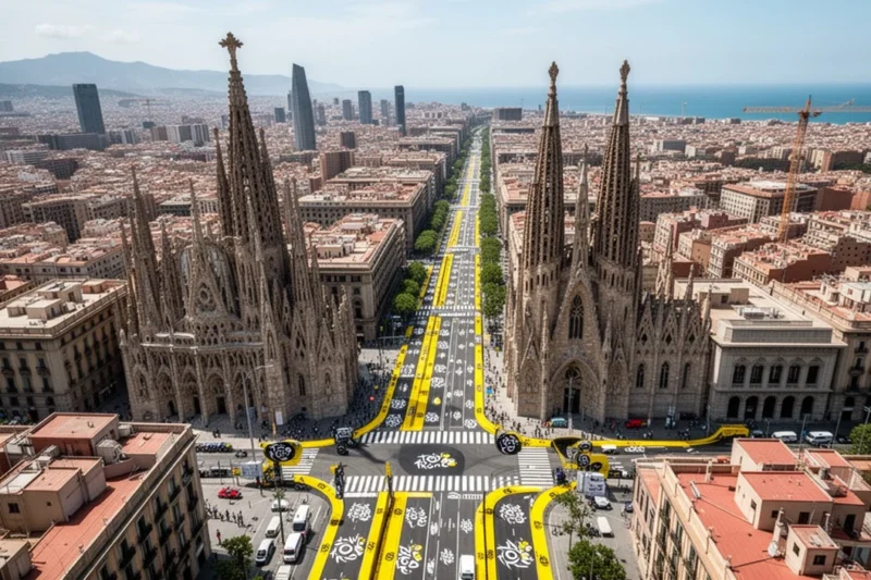 Aerial view showing barriers along streets in Barcelona prepared for a cycling event