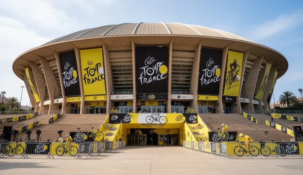 Vista exterior del Palau Sant Jordi preparado para el Tour de Francia