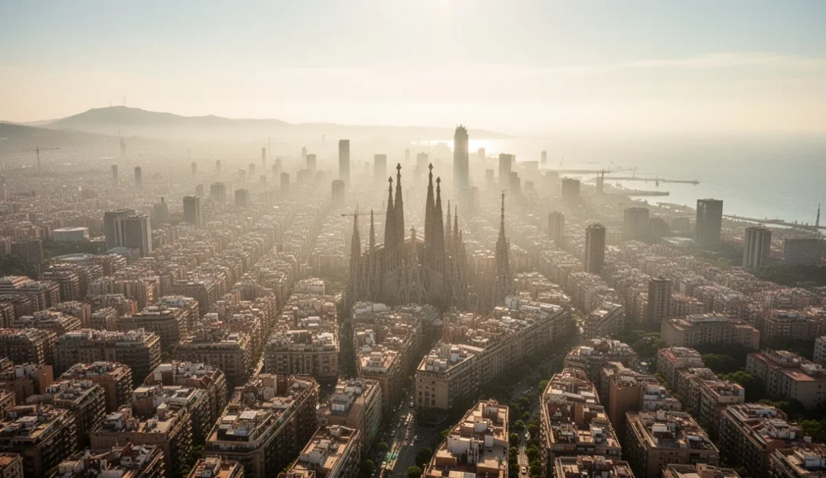 Vista aérea del horizonte urbano de Barcelona bajo una intensa ola de calor