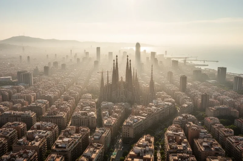 Vista aérea del horizonte urbano de Barcelona bajo una intensa ola de calor