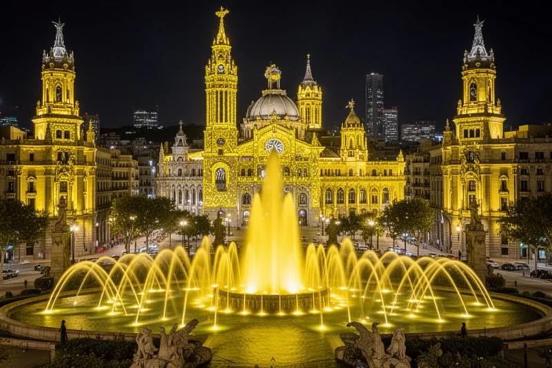 Yellow illuminated historic buildings in Barcelona at night