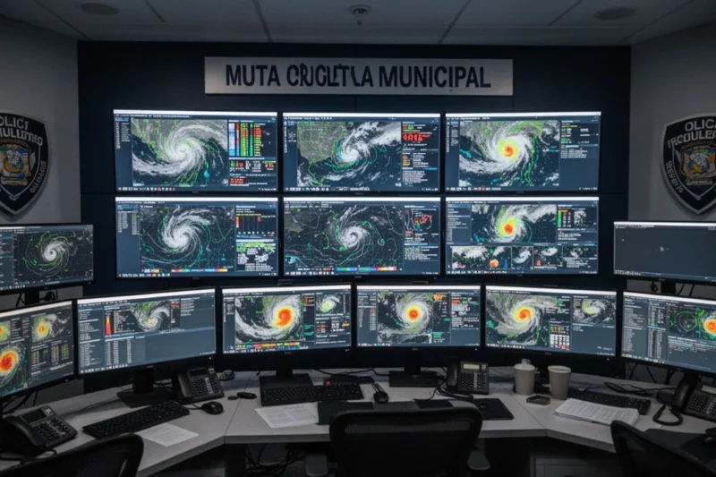 Sala moderna de control climático en Calella con pantallas mostrando datos meteorológicos.