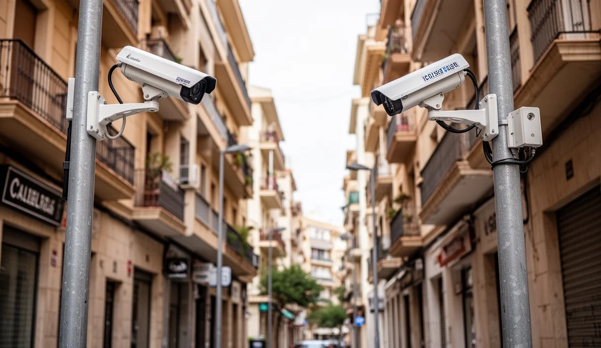 Surveillance cameras installed on street poles in an urban area