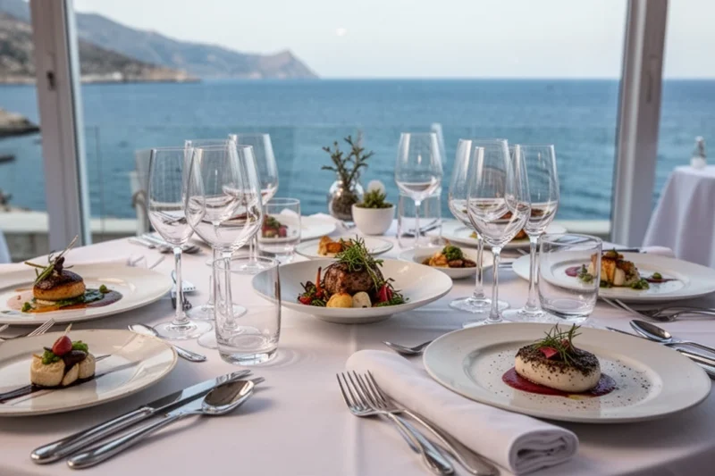 Mesa elegantemente dispuesta para una cena gourmet junto al mar Mediterráneo