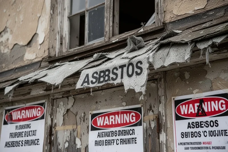 Edificio antiguo con señales advertencia sobre presencia de amianto