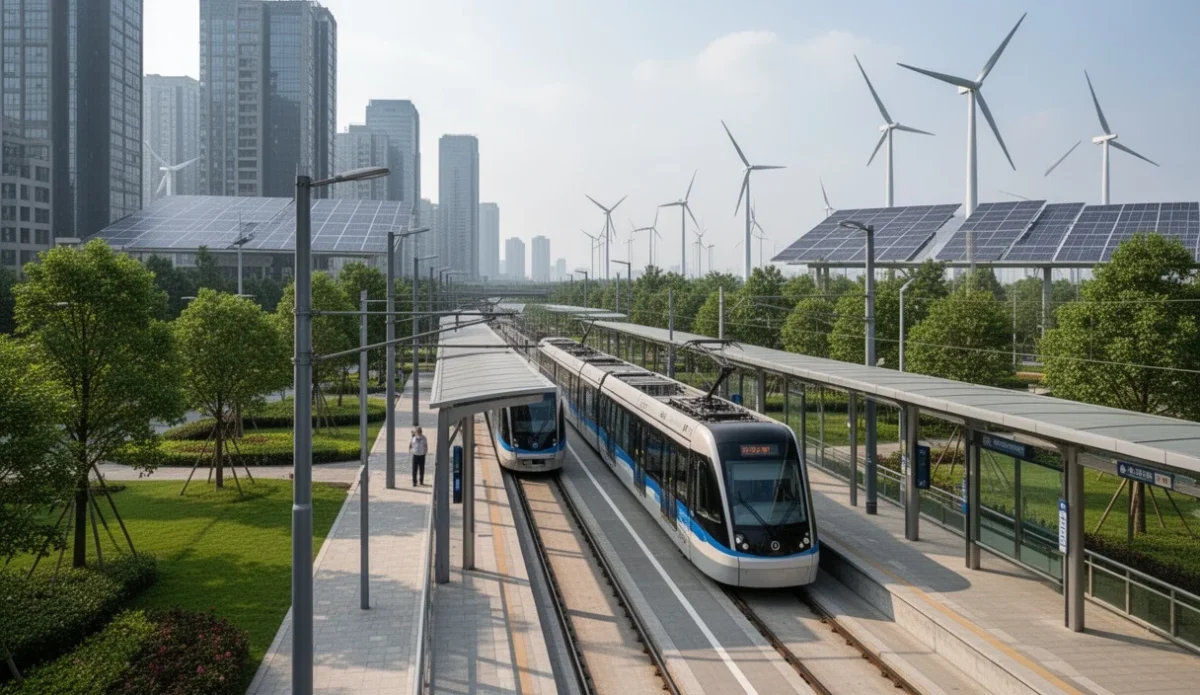 Sistema moderno de transporte público rodeado de espacios verdes