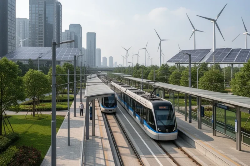 Modern eco-friendly public transport options in an urban environment