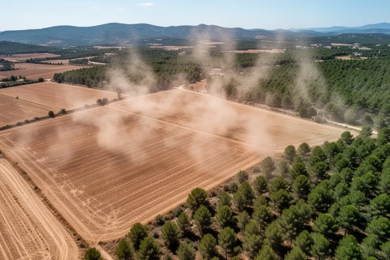Vista aérea de campos secos y bosques en Catalunya durante una ola de calor